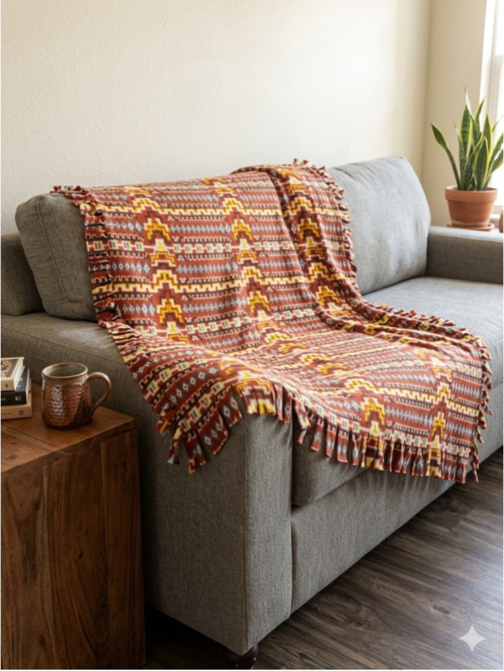 Southwest Aztec Geometric Fleece Tie Blanket Throw - 70” x 56”